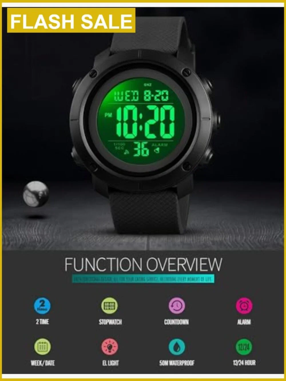 Digital Sports Watch Military Waterproof Men's Stopwatch Alarm Night Light